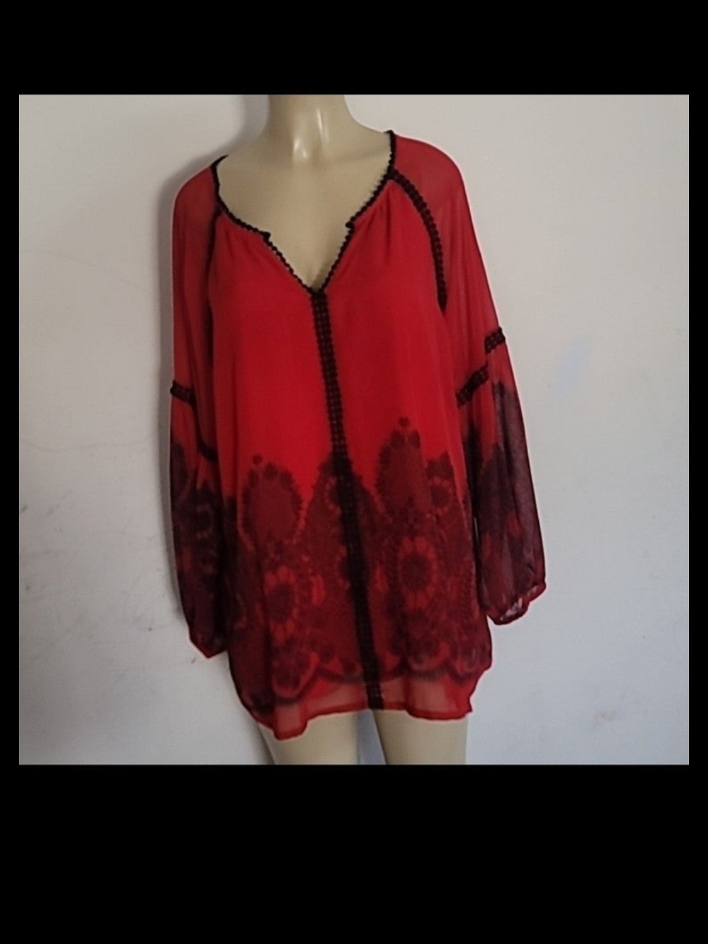 Women's Red Crochet-Trim Peasant Blouse